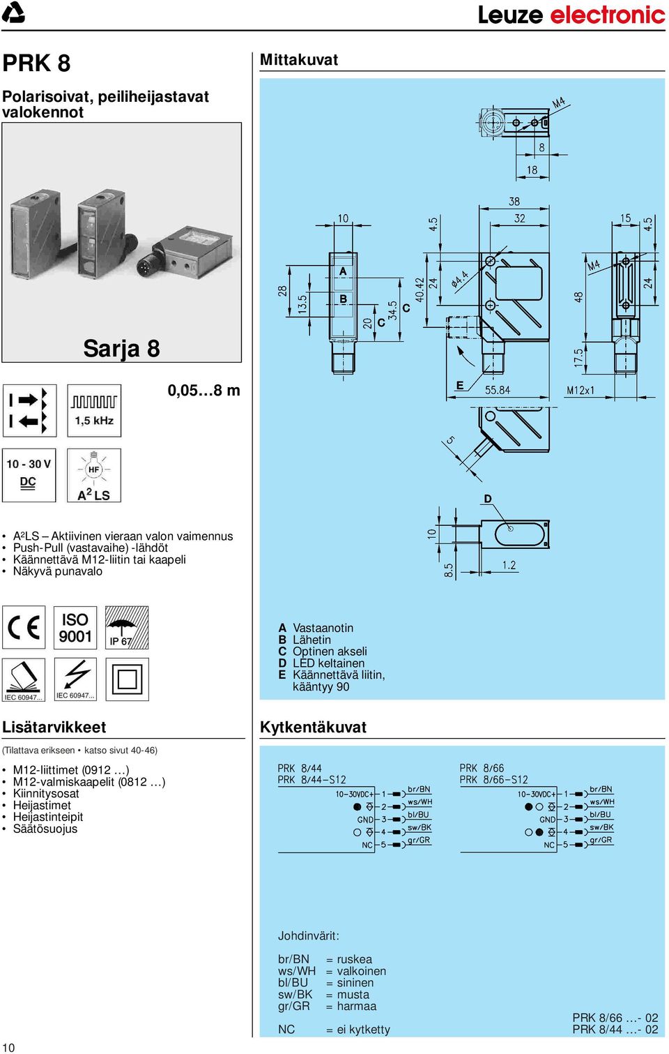 Lisätarvikkeet Kytkentäkuvat (Tilattava erikseen katso sivut 40-46) M12-liittimet (0912 ) M12-valmiskaapelit (0812 ) Kiinnitysosat Heijastimet