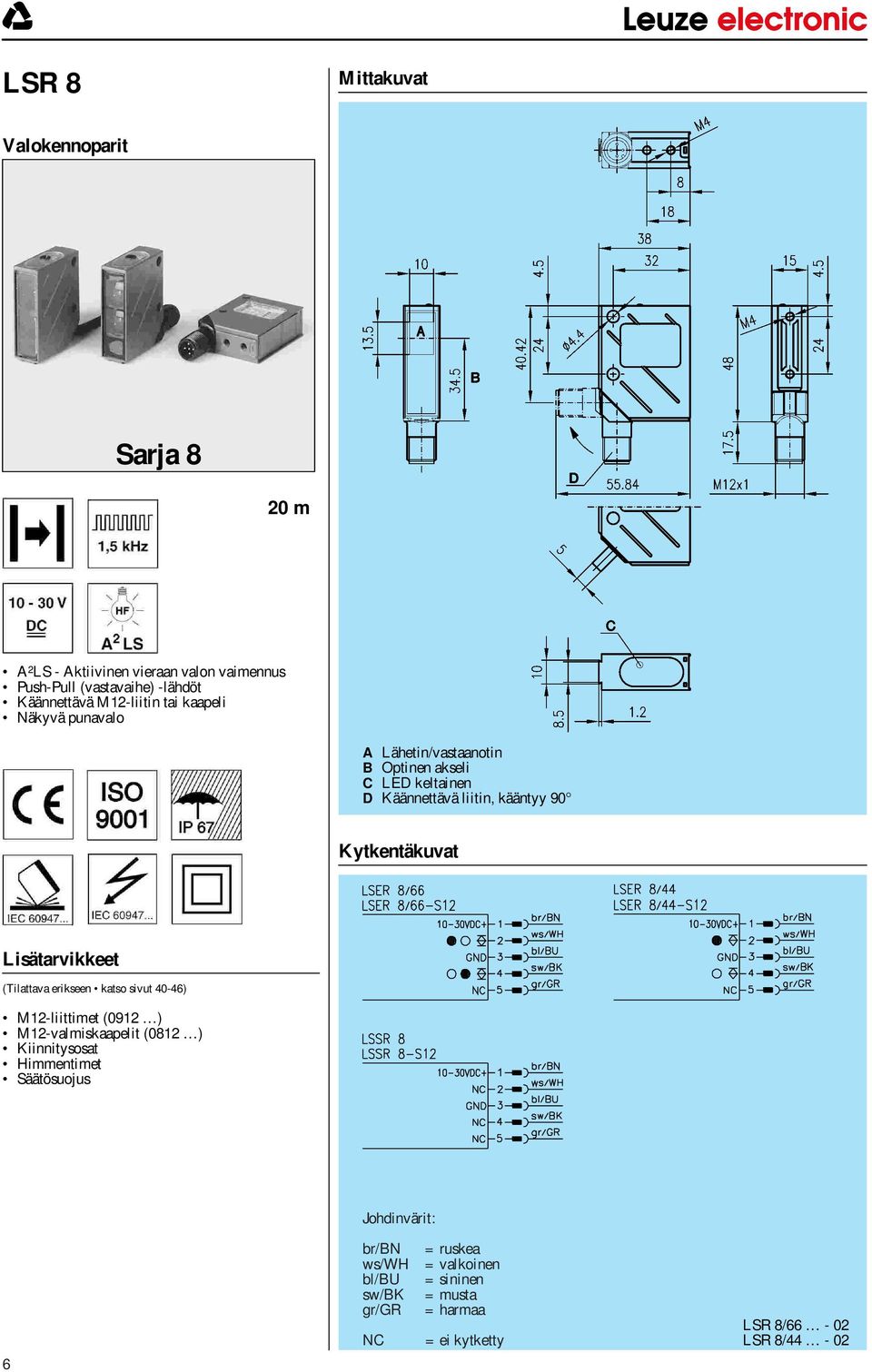 Kytkentäkuvat Lisätarvikkeet (Tilattava erikseen katso sivut 40-46) M12-liittimet (0912 ) M12-valmiskaapelit (0812 ) Kiinnitysosat