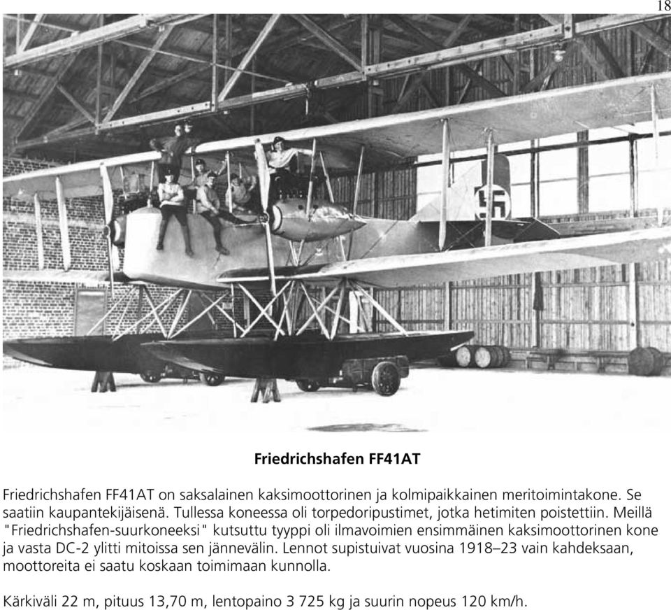 Meillä "Friedrichshafen-suurkoneeksi" kutsuttu tyyppi oli ilmavoimien ensimmäinen kaksimoottorinen kone ja vasta DC-2 ylitti mitoissa