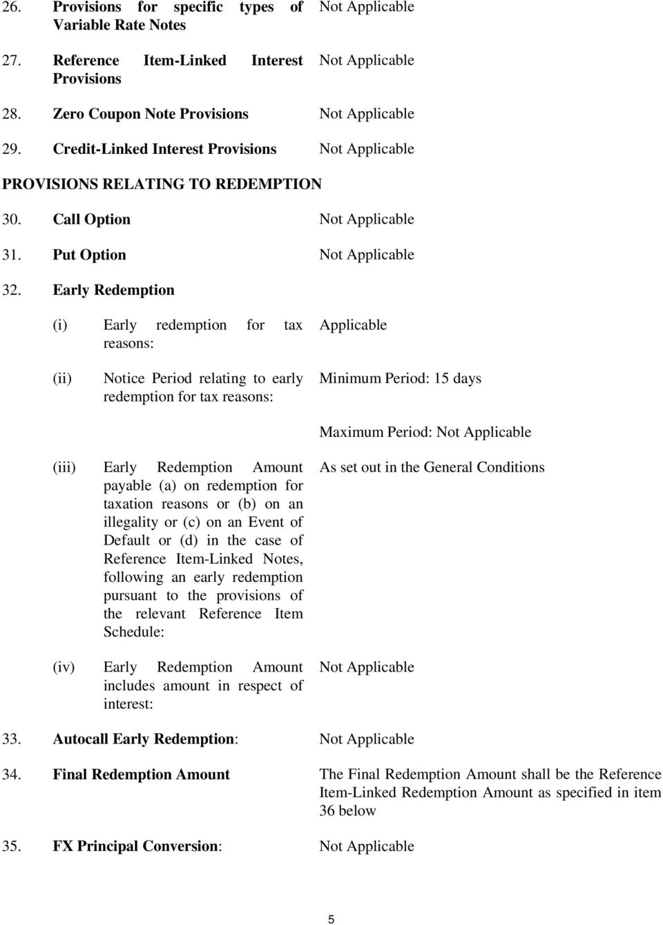 Early Redemption (i) Early redemption for tax reasons: Applicable (ii) Notice Period relating to early redemption for tax reasons: Minimum Period: 15 days Maximum Period: Not Applicable (iii) Early