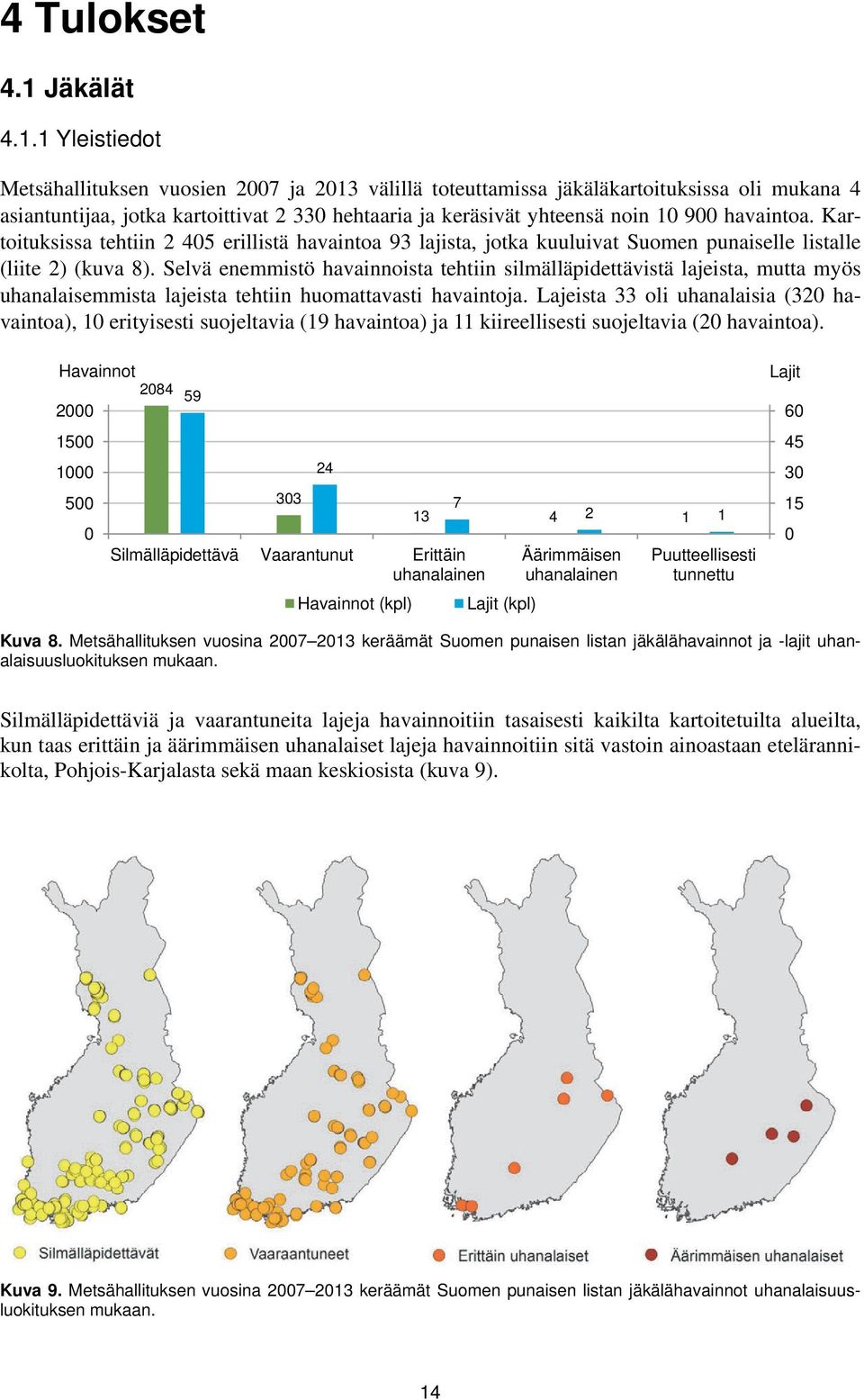 1 Yleistiedot Metsähallituksen vuosien 27 ja 213 välillä toteuttamissa jäkäläkartoituksissa oli mukana 4 asiantuntijaa, jotka kartoittivat 2 33 hehtaaria ja keräsivät yhteensä noin 1 9 havaintoa.