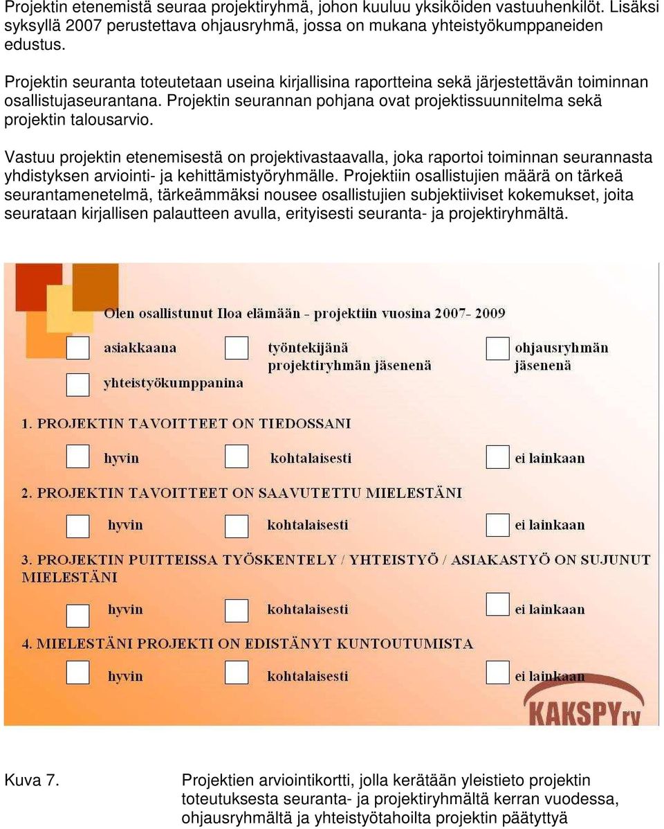 Vastuu projektin etenemisestä on projektivastaavalla, joka raportoi toiminnan seurannasta yhdistyksen arviointi- ja kehittämistyöryhmälle.