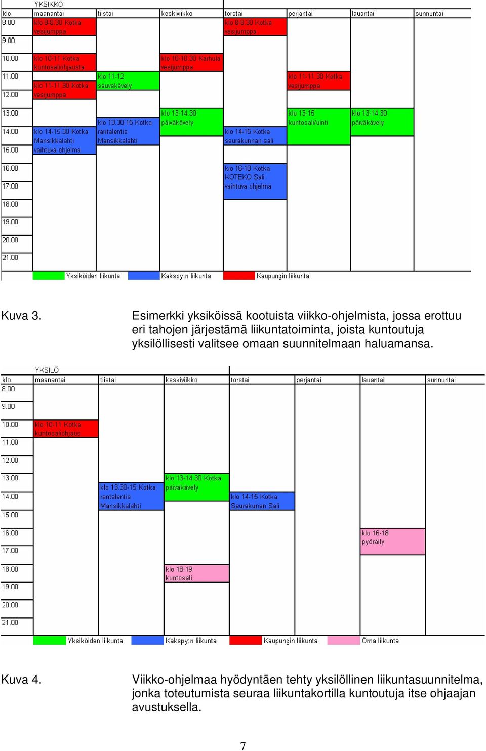 liikuntatoiminta, joista kuntoutuja yksilöllisesti valitsee omaan suunnitelmaan