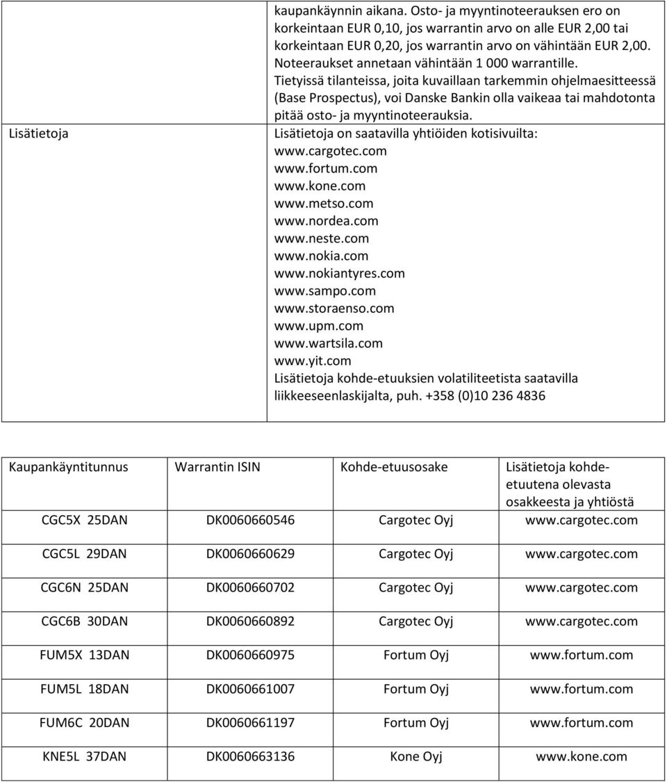 Tietyissä tilanteissa, joita kuvaillaan tarkemmin ohjelmaesitteessä (Base Prospectus), voi Danske Bankin olla vaikeaa tai mahdotonta pitää osto- ja myyntinoteerauksia.