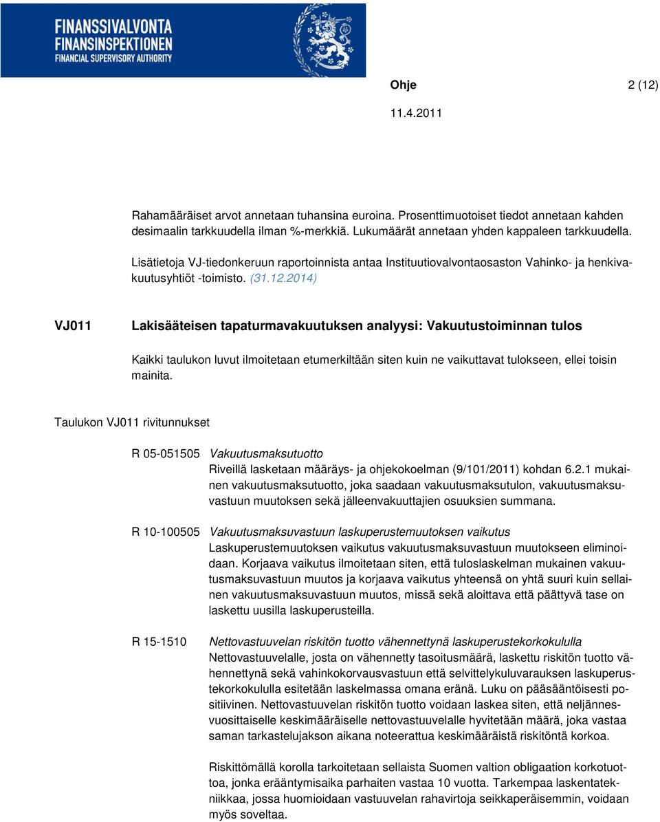 2014) VJ011 Lakisääteisen tapaturmavakuutuksen analyysi: Vakuutustoiminnan tulos Kaikki taulukon luvut ilmoitetaan etumerkiltään siten kuin ne vaikuttavat tulokseen, ellei toisin mainita.