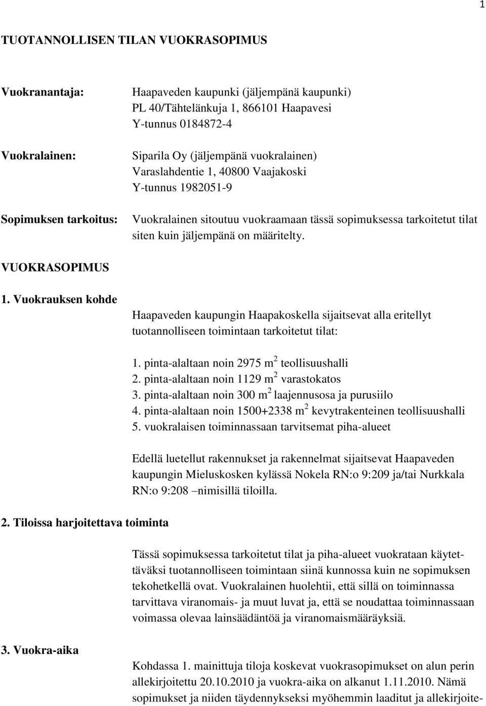 VUOKRASOPIMUS 1. Vuokrauksen kohde Haapaveden kaupungin Haapakoskella sijaitsevat alla eritellyt tuotannolliseen toimintaan tarkoitetut tilat: 2. Tiloissa harjoitettava toiminta 1.