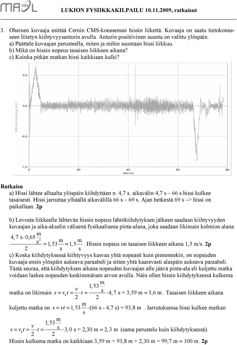 c) Kuinka pitkän atkan hii kaikkiaan kulki? Ratkaiu a) Hii lähtee alhaalta ylöpäin kiihdyttäen n. 4,7. aikavälin 4,7 66 hii kulkee taaieti. Hii jarruttaa ylhäällä aikavälillä 66 69.