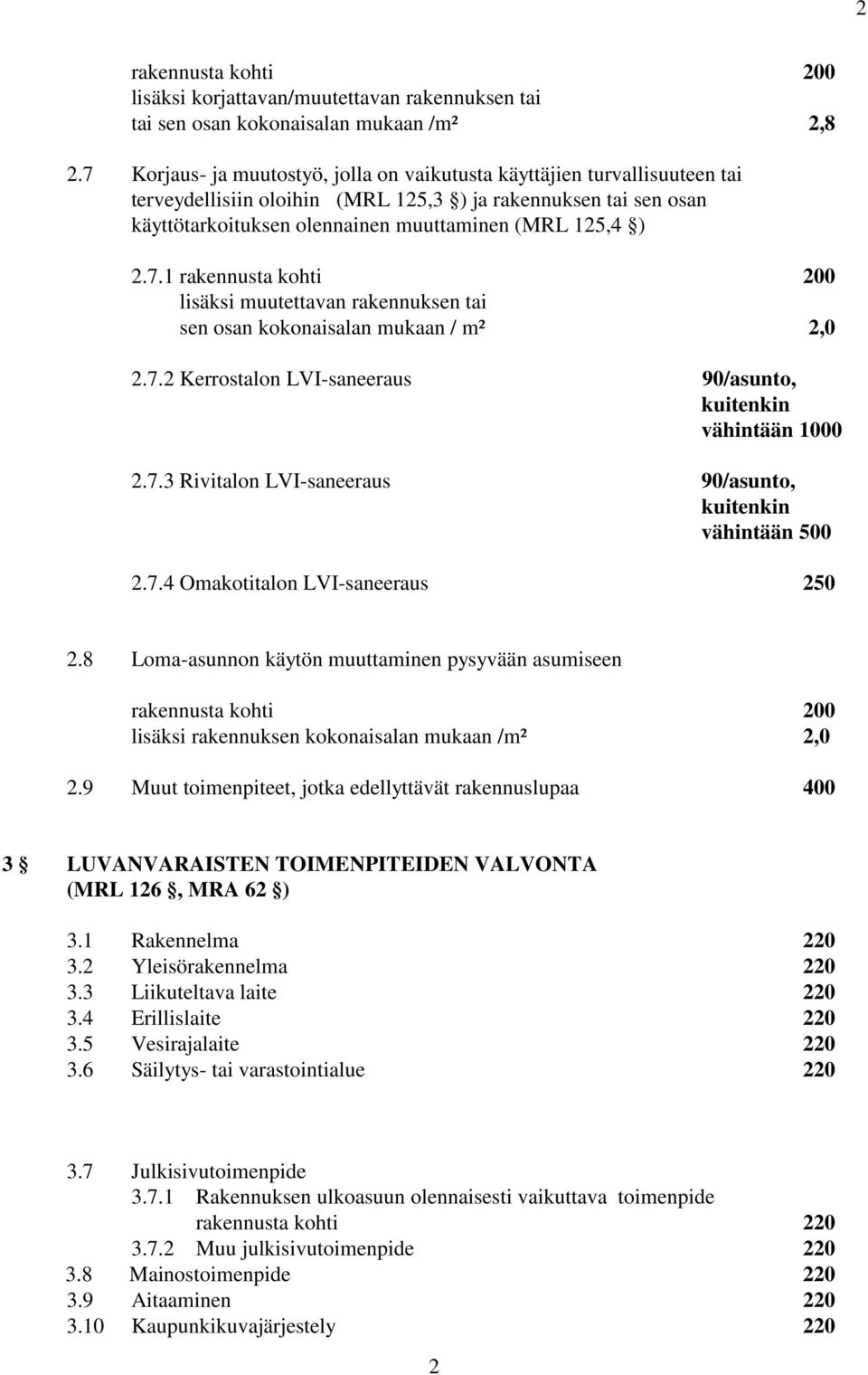 7.2 Kerrostalon LVI-saneeraus 90/asunto, kuitenkin vähintään 1000 2.7.3 Rivitalon LVI-saneeraus 90/asunto, kuitenkin vähintään 500 2.7.4 Omakotitalon LVI-saneeraus 250 2.