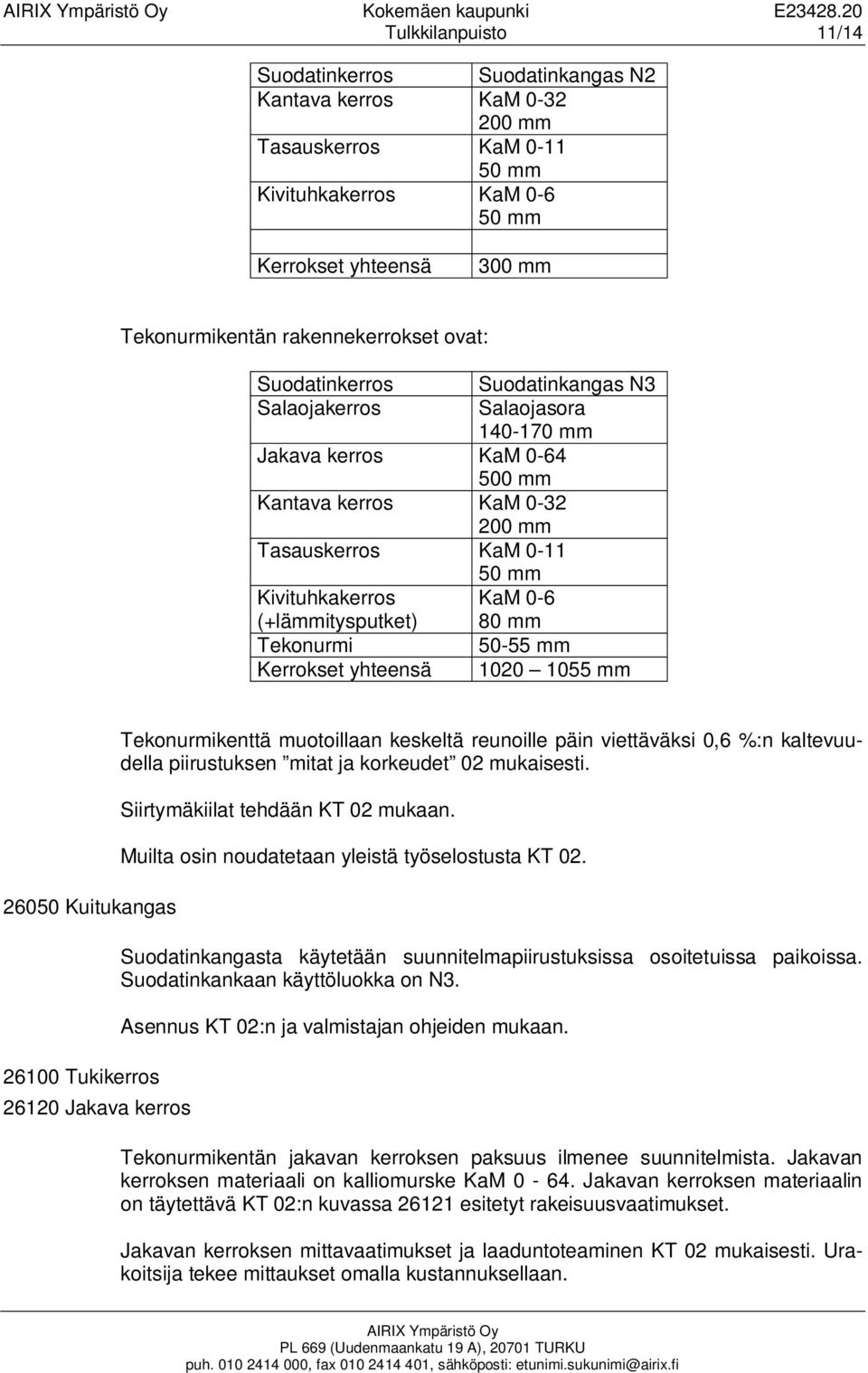 rakennekerrokset ovat: Suodatinkerros Salaojakerros Suodatinkangas N3 Salaojasora 140-170 mm Jakava kerros KaM 0-64 500 mm Kantava kerros KaM 0-32 200 mm Tasauskerros KaM 0-11 50 mm Kivituhkakerros