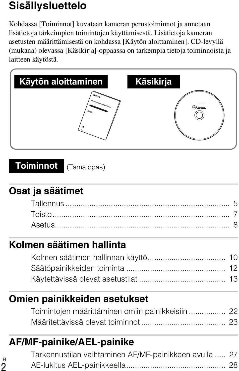 Käytön aloittaminen Käsikirja Toiminnot (Tämä opas) Osat ja säätimet Tallennus... 5 Toisto... 7 Asetus... 8 Kolmen säätimen hallinta Kolmen säätimen hallinnan käyttö... 10 Säätöpainikkeiden toiminta.