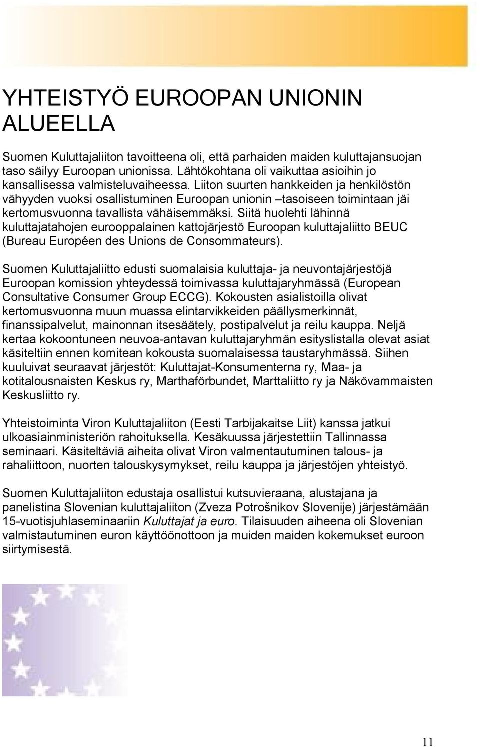 Liiton suurten hankkeiden ja henkilöstön vähyyden vuoksi osallistuminen Euroopan unionin tasoiseen toimintaan jäi kertomusvuonna tavallista vähäisemmäksi.