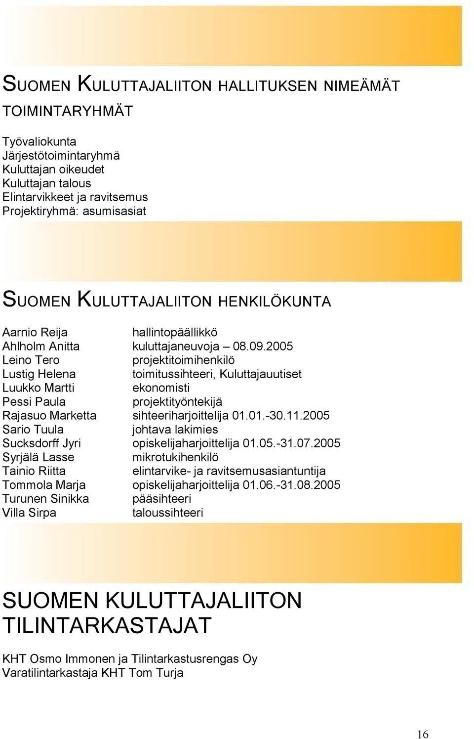 2005 Leino Tero projektitoimihenkilö Lustig Helena toimitussihteeri, Kuluttajauutiset Luukko Martti ekonomisti Pessi Paula projektityöntekijä Rajasuo Marketta sihteeriharjoittelija 01.01.-30.11.