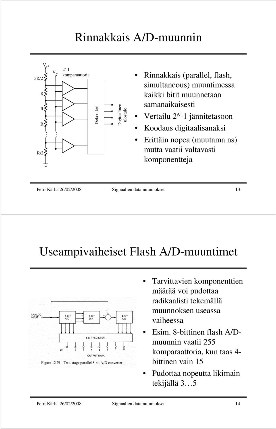 ..... Erittäin nopea (muutama ns) mutta vaatii valtavasti komponentteja Petri Kärhä 26/02/2008 Signaalien datamuunnokset 13 Useampivaiheiset Flash A/D-muuntimet Tarvittavien