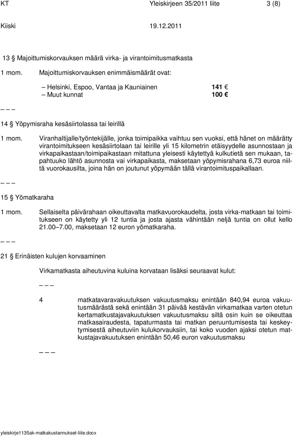 Viranhaltijalle/työntekijälle, jonka toimipaikka vaihtuu sen vuoksi, että hänet on määrätty virantoimitukseen kesäsiirtolaan tai leirille yli 15 kilometrin etäisyydelle asunnostaan ja