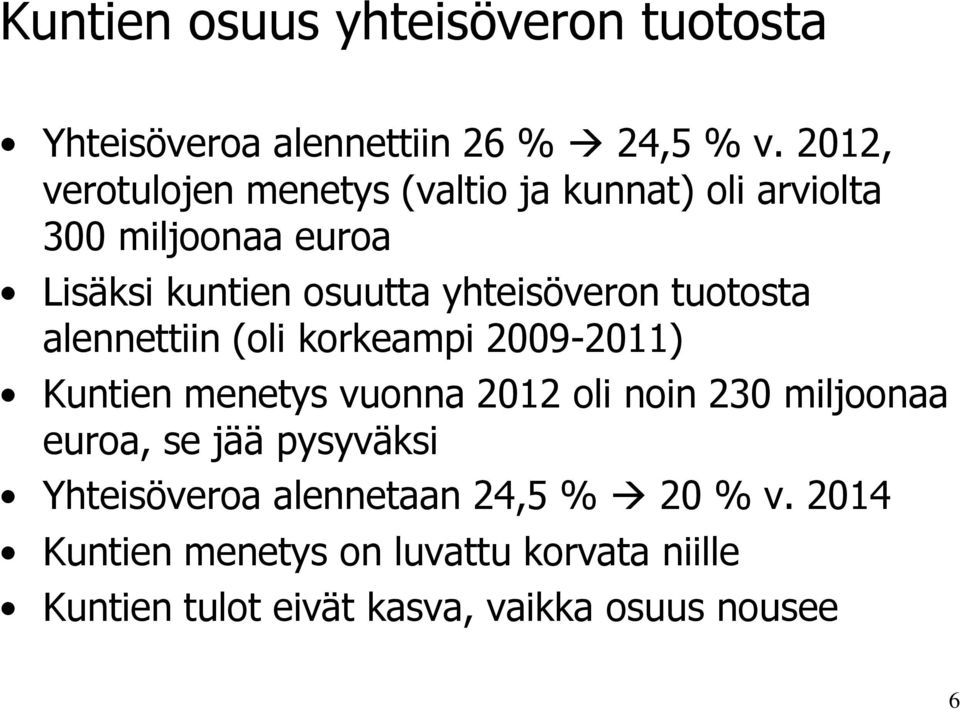 yhteisöveron tuotosta alennettiin (oli korkeampi 2009-2011) Kuntien menetys vuonna 2012 oli noin 230 miljoonaa