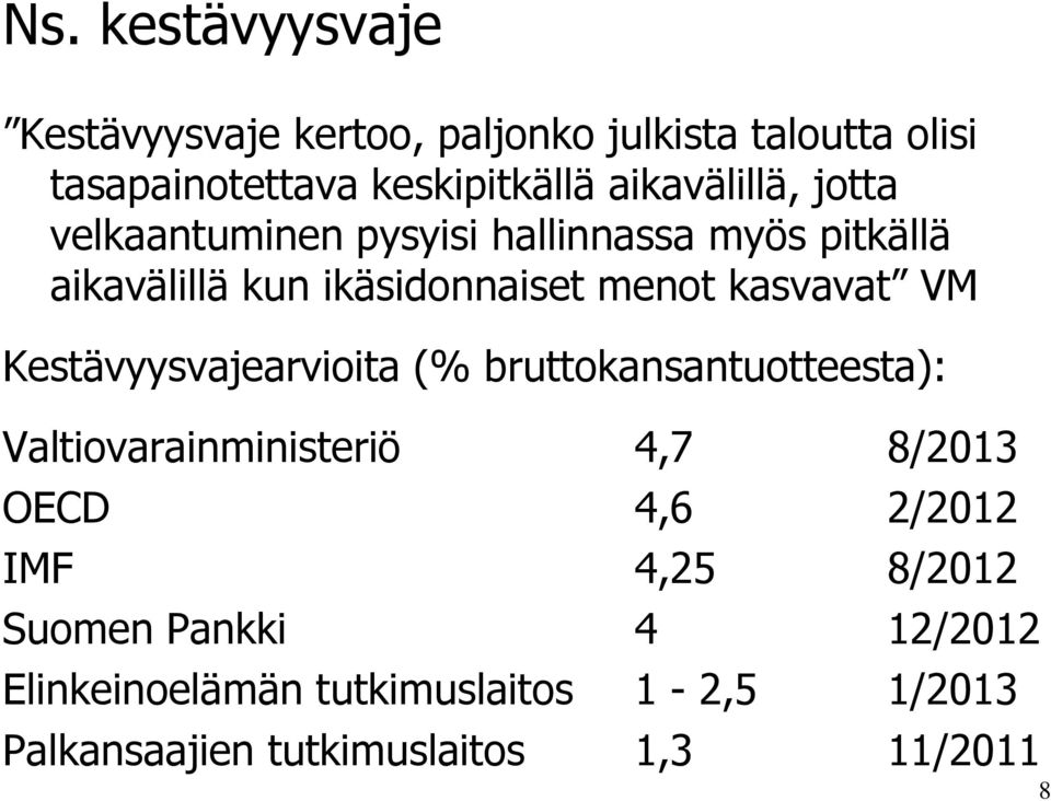 kasvavat VM Kestävyysvajearvioita (% bruttokansantuotteesta): Valtiovarainministeriö 4,7 8/2013 OECD 4,6 2/2012