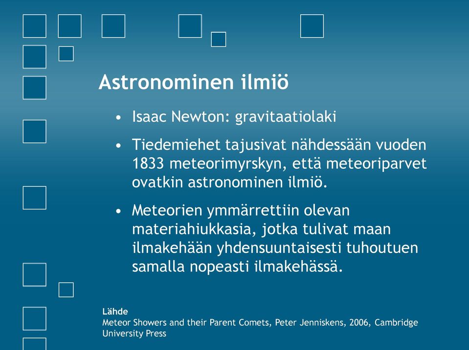 Meteorien ymmärrettiin olevan materiahiukkasia, jotka tulivat maan ilmakehään yhdensuuntaisesti