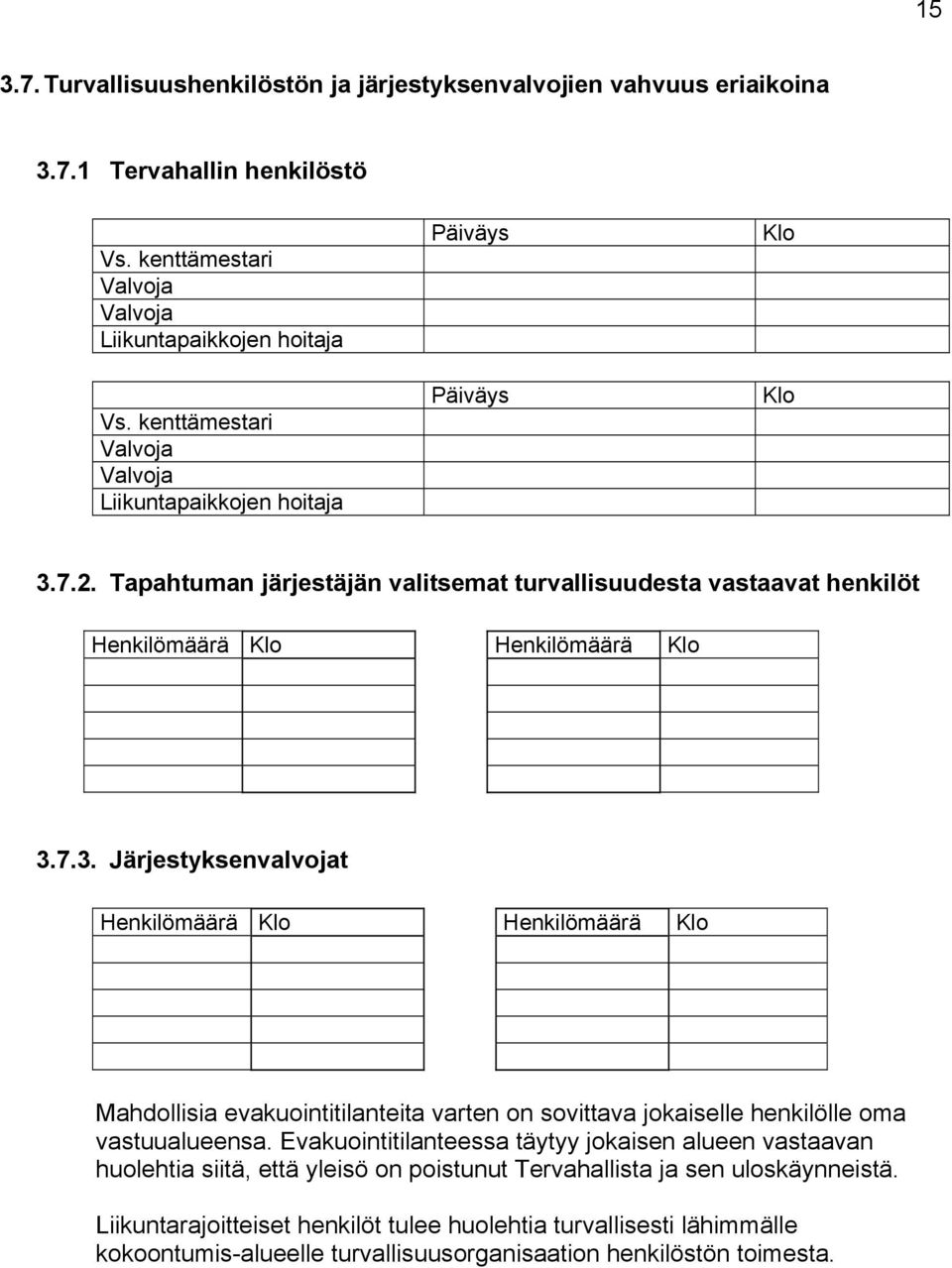 7.2. Tapahtuman järjestäjän valitsemat turvallisuudesta vastaavat henkilöt Henkilömäärä Klo Henkilömäärä Klo 3.