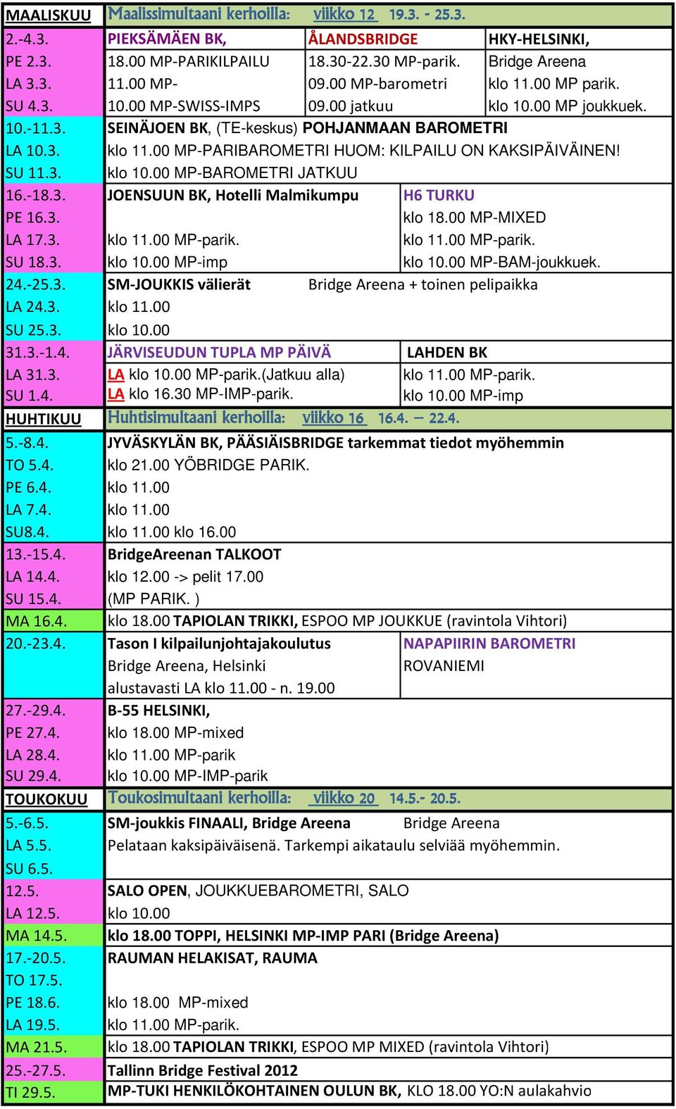 SU 11.3. klo 10.00 MP-BAROMETRI JATKUU 16.-18.3. JOENSUUN BK, Hotelli Malmikumpu H6 TURKU PE 16.3. klo 18.00 MP-MIXED LA 17.3. klo 11.00 MP-parik. klo 11.00 MP-parik. SU 18.3. klo 10.00 MP-imp klo 10.