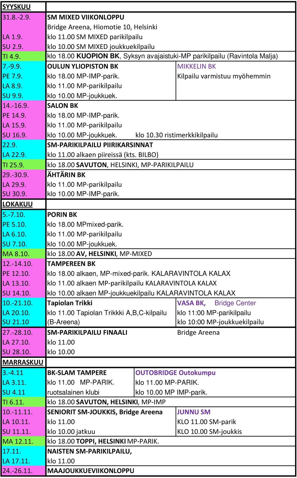 00 MP-parikilpailu SU 9.9. klo 10.00 MP-joukkuek. 14.-16.9. SALON BK PE 14.9. klo 18.00 MP-IMP-parik. LA 15.9. klo 11.00 MP-parikilpailu SU 16.9. klo 10.00 MP-joukkuek. klo 10.30 ristimerkkikilpailu 22.