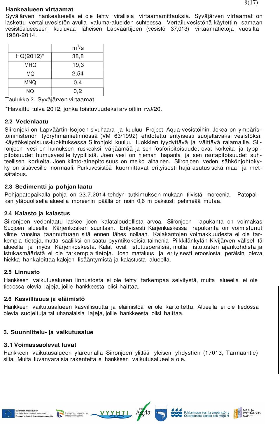 m 3 /s HQ(2012)* 38,8 MHQ 19,3 MQ 2,54 MNQ 0,4 NQ 0,2 Taulukko 2. Syväjärven virtaamat. *Havaittu tulva 2012, jonka toistuvuudeksi arvioitiin rvj/20. 2.2 Vedenlaatu Siironjoki on Lapväärtin-Isojoen sivuhaara ja kuuluu Project Aqua-vesistöihin.