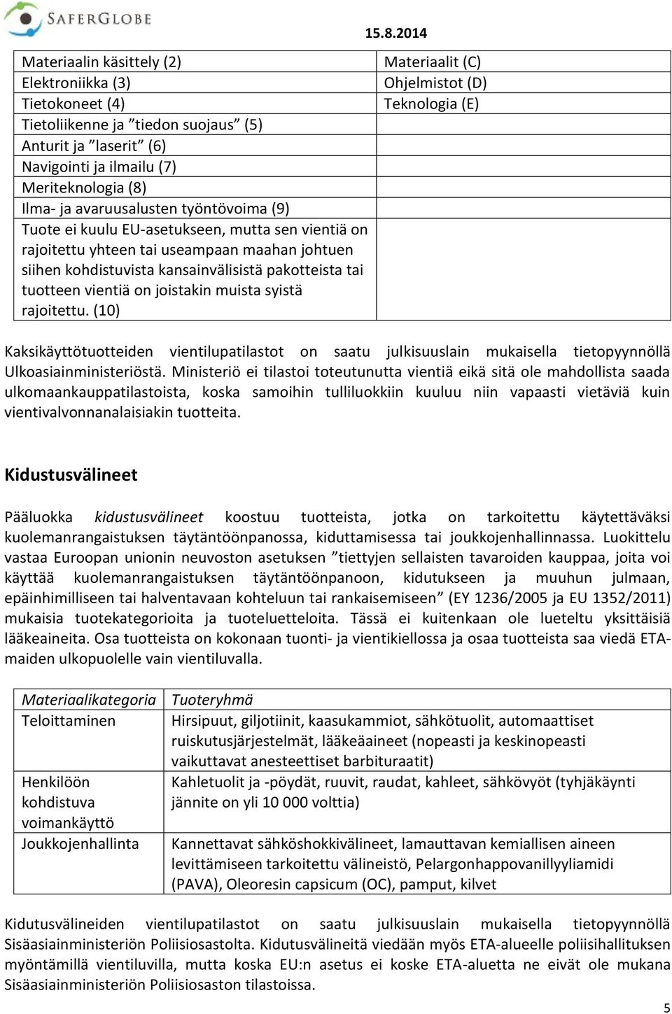rajoitettu. (10) 15.8.2014 Materiaalit (C) Ohjelmistot (D) Teknologia (E) Kaksikäyttötuotteiden vientilupatilastot on saatu julkisuuslain mukaisella tietopyynnöllä Ulkoasiainministeriöstä.