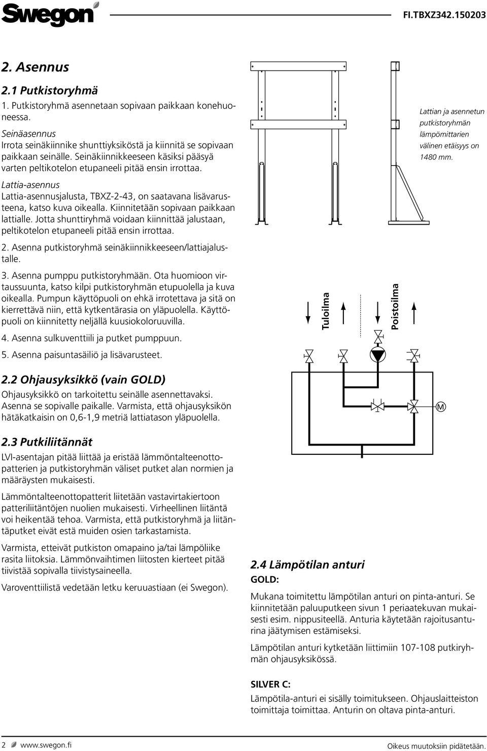 Lattian ja asennetun putkistoryhmän lämpömittarien välinen etäisyys on 14 mm. Lattia-asennus Lattia-asennusjalusta, TBXZ-2-43, on saatavana lisävarusteena, katso kuva oikealla.