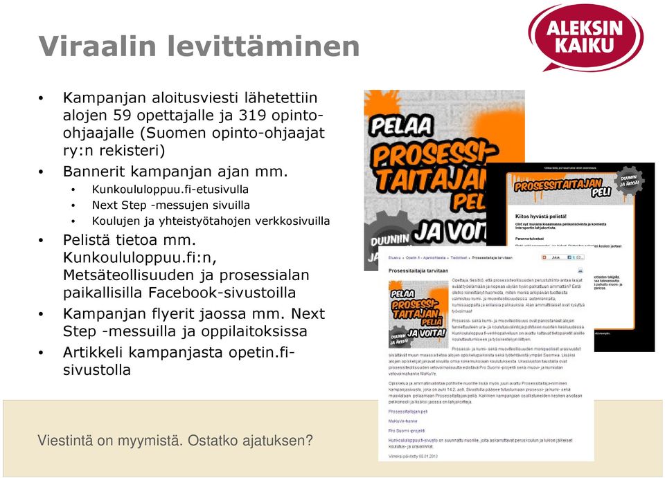 fi-etusivulla Next Step -messujen sivuilla Koulujen ja yhteistyötahojen verkkosivuilla Pelistä tietoa mm. Kunkoululoppuu.