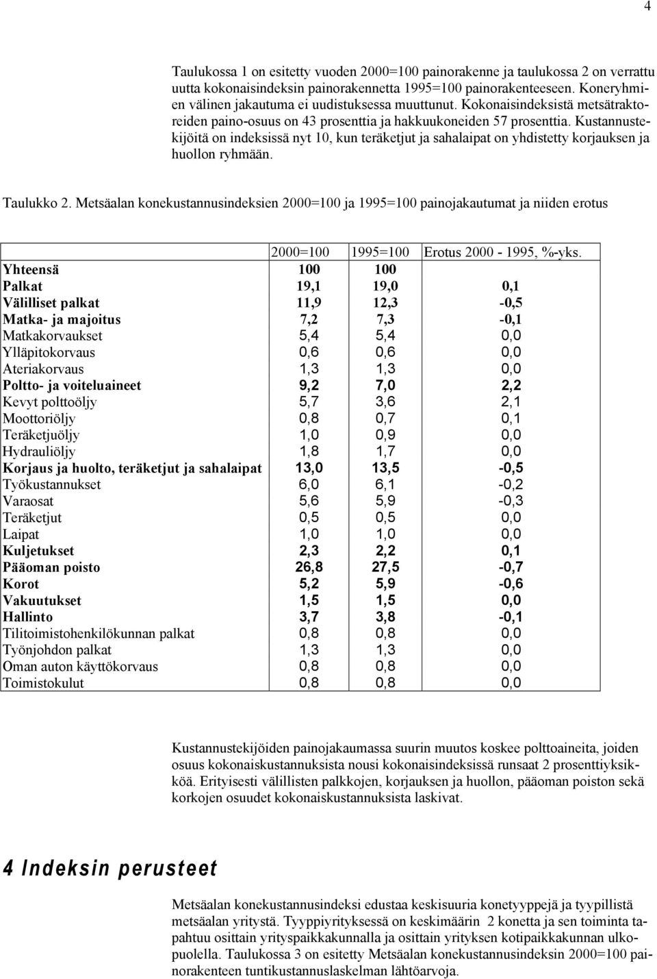 Kustannustekijöitä on indeksissä nyt 10, kun teräketjut ja sahalaipat on yhdistetty korjauksen ja huollon ryhmään. Taulukko 2.