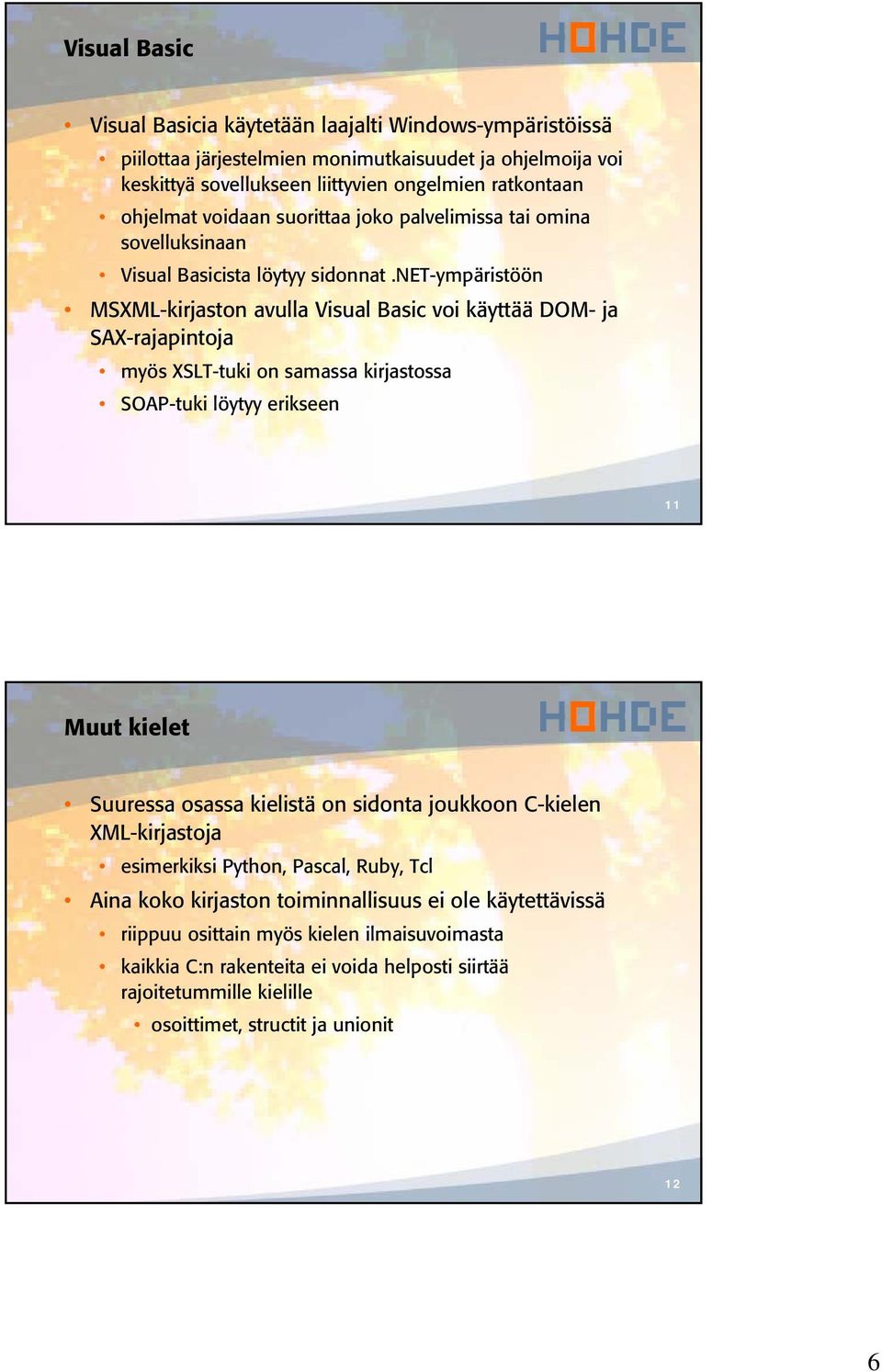 net-ympäristöön MSXML-kirjaston avulla Visual Basic voi käyttää DOM- ja SAX-rajapintoja myös XSLT-tuki on samassa kirjastossa SOAP-tuki löytyy erikseen 11 Muut kielet Suuressa osassa kielistä