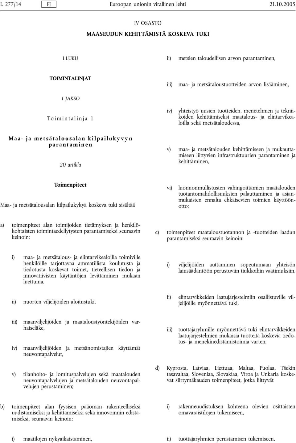 yhteistyö uusien tuotteiden, menetelmien ja tekniikoiden kehittämiseksi maatalous- ja elintarvikealoilla sekä metsätaloudessa, Maa- ja metsätalousalan kilpailukyvyn parantaminen 20 artikla v) maa- ja