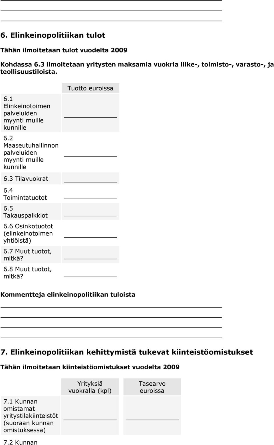 7 Muut tuotot, mitkä? 6.8 Muut tuotot, mitkä? Kommentteja elinkeinopolitiikan tuloista 7.