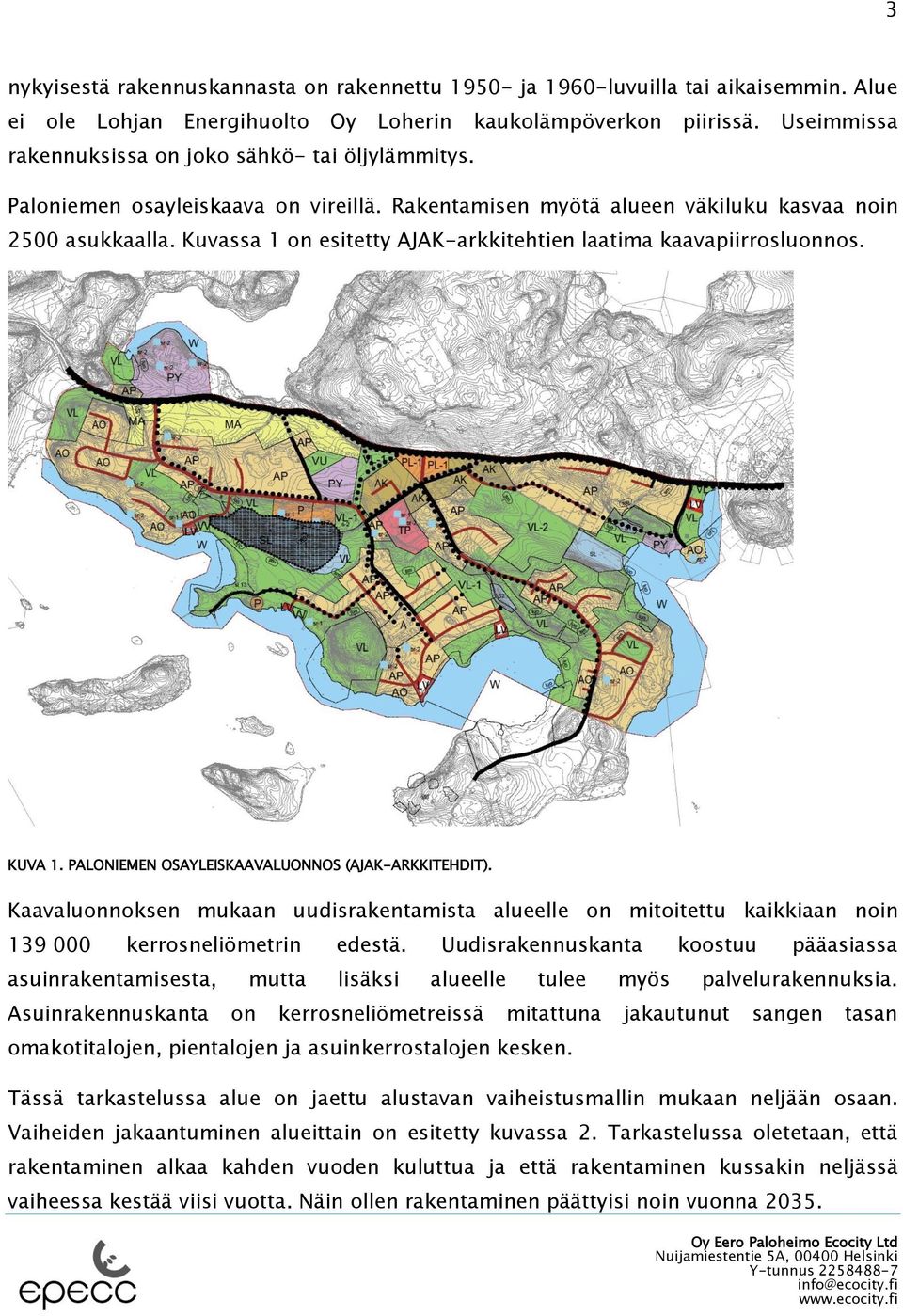 Kuvassa 1 on esitetty AJAK-arkkitehtien laatima kaavapiirrosluonnos. KUVA 1. PALONIEMEN OSAYLEISKAAVALUONNOS (AJAK-ARKKITEHDIT).