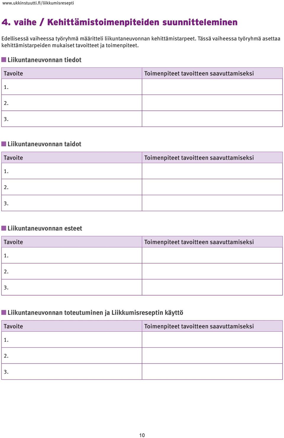 Liikuntaneuvonnan tiedot Tavoite Toimenpiteet tavoitteen saavuttamiseksi Liikuntaneuvonnan taidot Tavoite Toimenpiteet tavoitteen