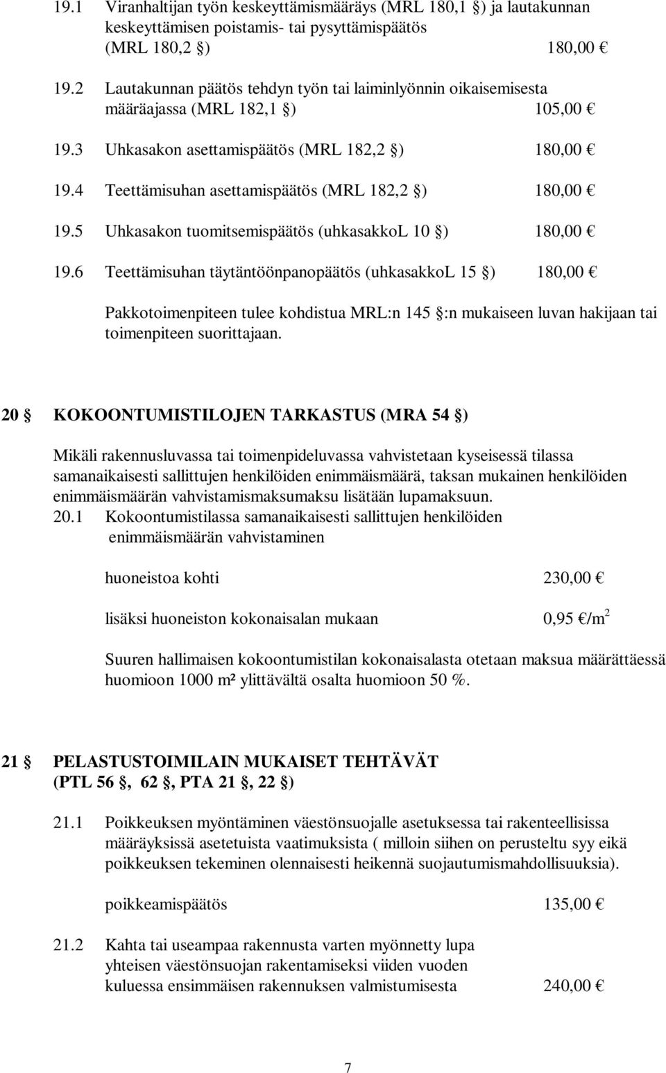 4 Teettämisuhan asettamispäätös (MRL 182,2 ) 180,00 19.5 Uhkasakon tuomitsemispäätös (uhkasakkol 10 ) 180,00 19.