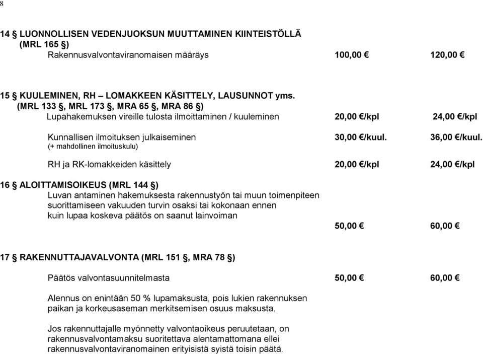 (+ mahdollinen ilmoituskulu) RH ja RK-lomakkeiden käsittely 20,00 /kpl 24,00 /kpl 16 ALOITTAMISOIKEUS (MRL 144 ) Luvan antaminen hakemuksesta rakennustyön tai muun toimenpiteen suorittamiseen