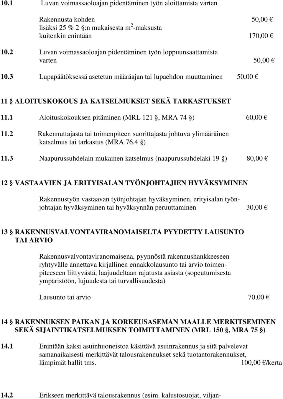 1 Aloituskokouksen pitäminen (MRL 121, MRA 74 ) 60,00 11.2 Rakennuttajasta tai toimenpiteen suorittajasta johtuva ylimääräinen katselmus tai tarkastus (MRA 76.4 ) 11.