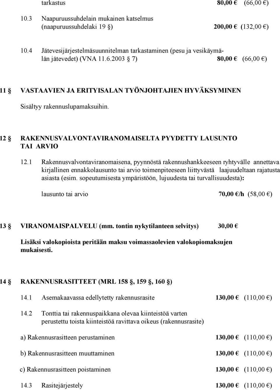 2003 7) 80,00 (66,00 ) 11 VASTAAVIEN JA ERITYISALAN TYÖNJOHTAJIEN HYVÄKSYMINEN Sisältyy rakennuslupamaksuihin. 12 RAKENNUSVALVONTAVIRANOMAISELTA PYYDETTY LAUSUNTO TAI ARVIO 12.