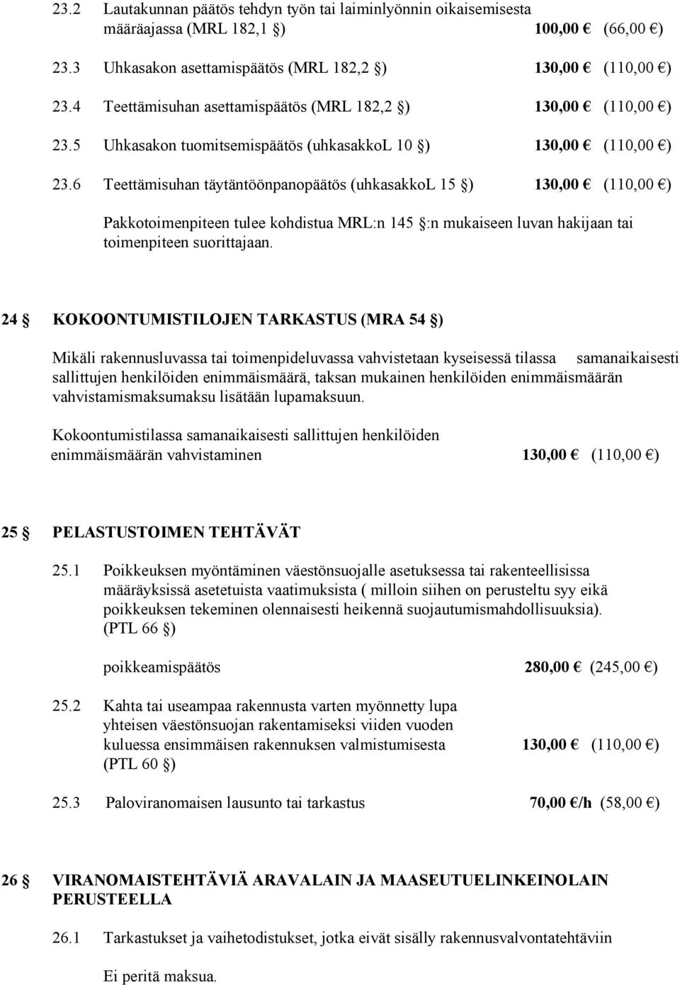 6 Teettämisuhan täytäntöönpanopäätös (uhkasakkol 15 ) 130,00 (110,00 ) Pakkotoimenpiteen tulee kohdistua MRL:n 145 :n mukaiseen luvan hakijaan tai toimenpiteen suorittajaan.