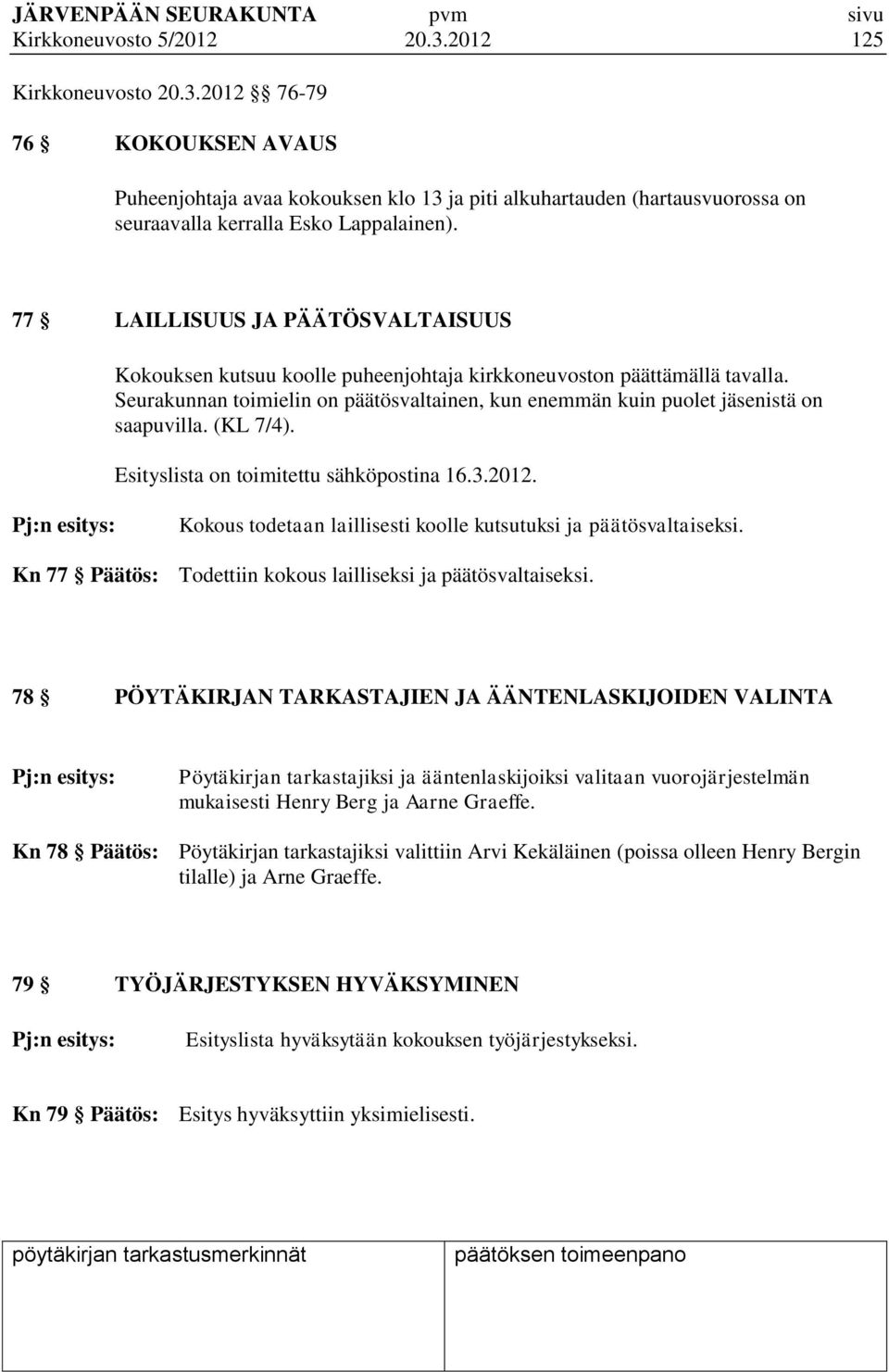 (KL 7/4). Esityslista on toimitettu sähköpostina 16.3.2012. Pj:n esitys: Kokous todetaan laillisesti koolle kutsutuksi ja päätösvaltaiseksi.