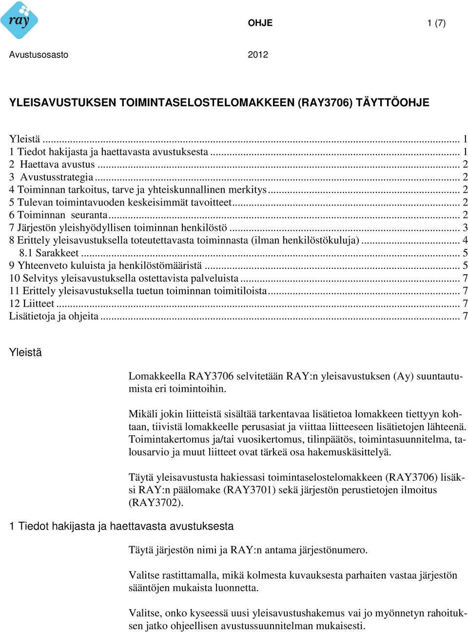 .. 3 8 Erittely yleisavustuksella toteutettavasta toiminnasta (ilman henkilöstökuluja)... 4 8.1 Sarakkeet... 5 9 Yhteenveto kuluista ja henkilöstömääristä.