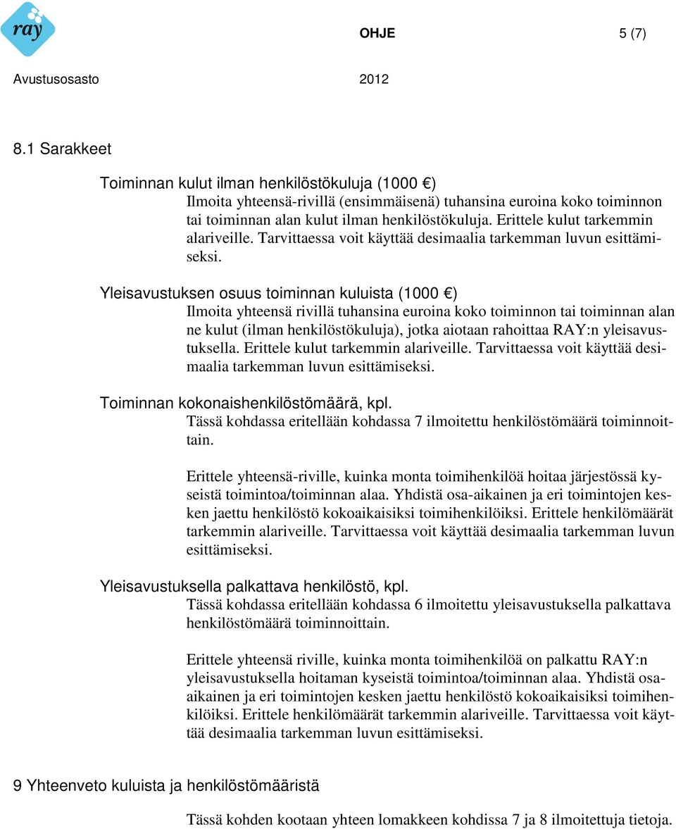 Yleisavustuksen osuus toiminnan kuluista (1000 ) Ilmoita yhteensä rivillä tuhansina euroina koko toiminnon tai toiminnan alan ne kulut (ilman henkilöstökuluja), jotka aiotaan rahoittaa RAY:n