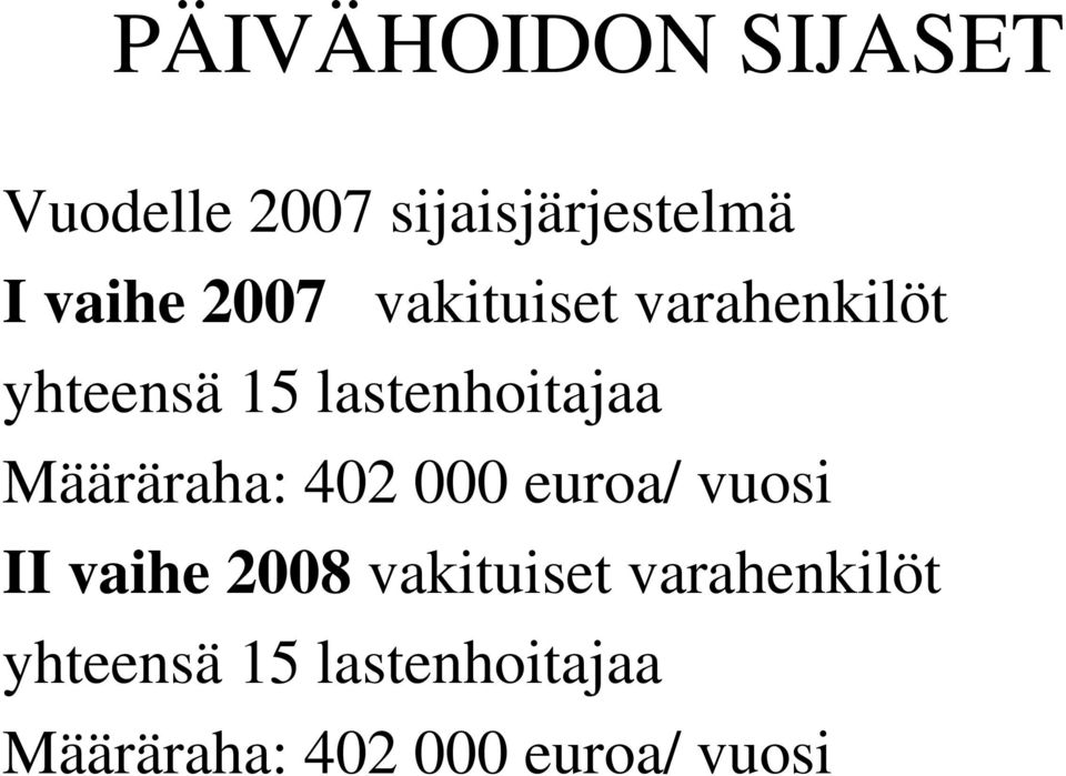 Määräraha: 402 000 euroa/ vuosi II vaihe 2008 vakituiset