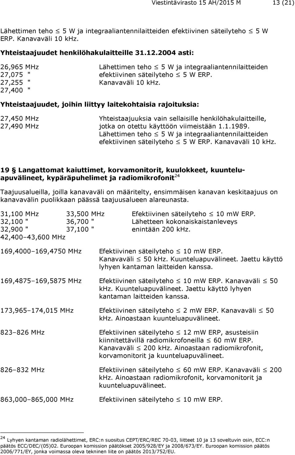 27,400 " Yhteistaajuudet, joihin liittyy laitekohtaisia rajoituksia: 27,450 MHz Yhteistaajuuksia vain sellaisille henkilöhakulaitteille, 27,490 MHz jotka on otettu käyttöön viimeistään 1.1.1989.