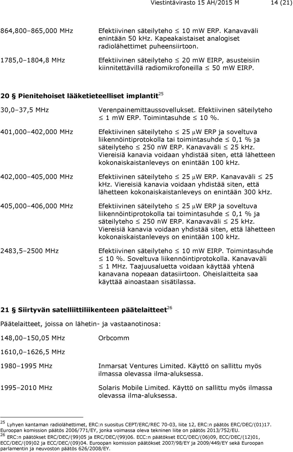 20 Pienitehoiset lääketieteelliset implantit 25 30,0 37,5 MHz Verenpainemittaussovellukset. Efektiivinen säteilyteho 1 mw ERP. Toimintasuhde 10 %.