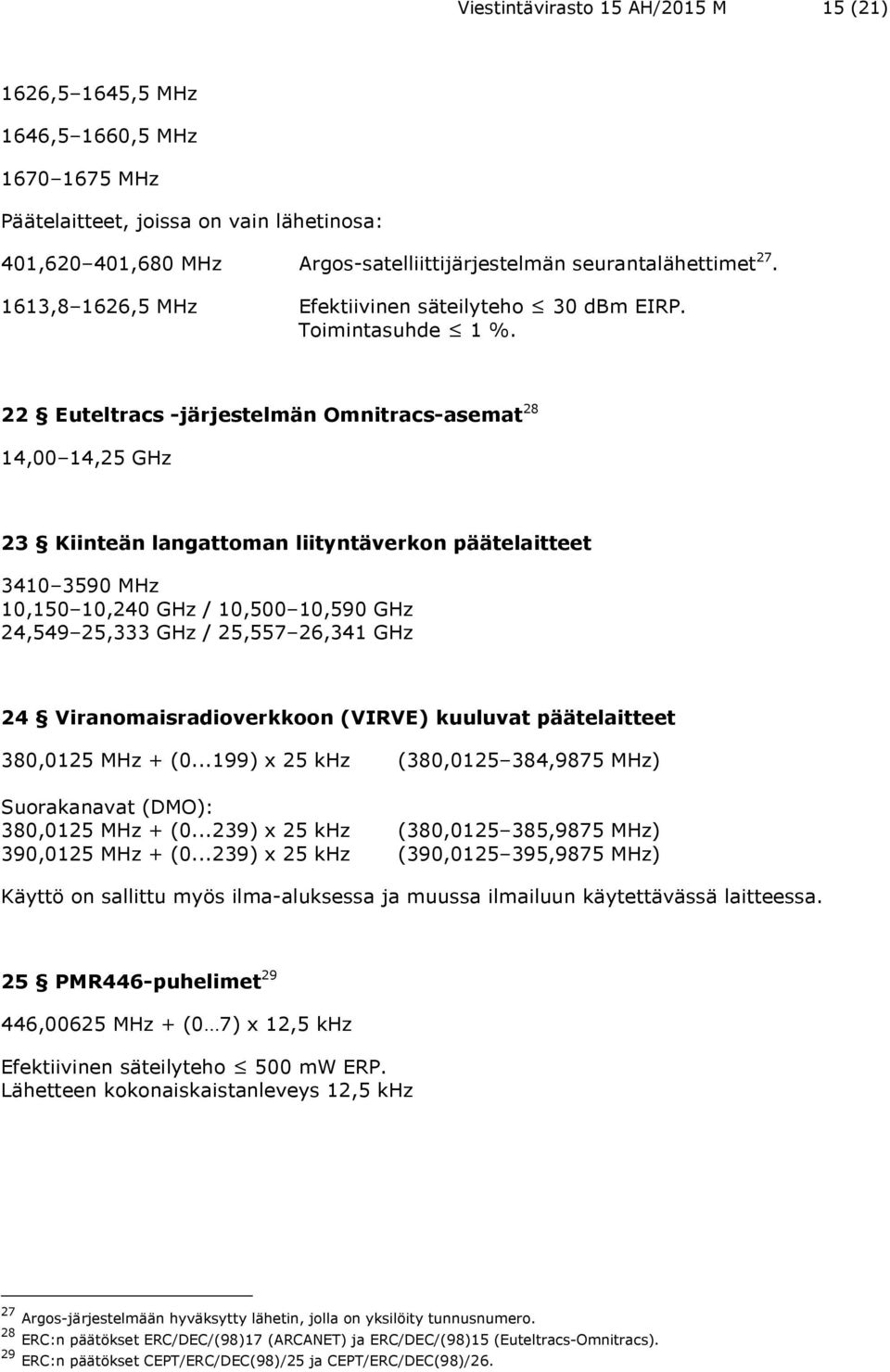 22 Euteltracs -järjestelmän Omnitracs-asemat 28 14,00 14,25 GHz 23 Kiinteän langattoman liityntäverkon päätelaitteet 3410 3590 MHz 10,150 10,240 GHz / 10,500 10,590 GHz 24,549 25,333 GHz / 25,557