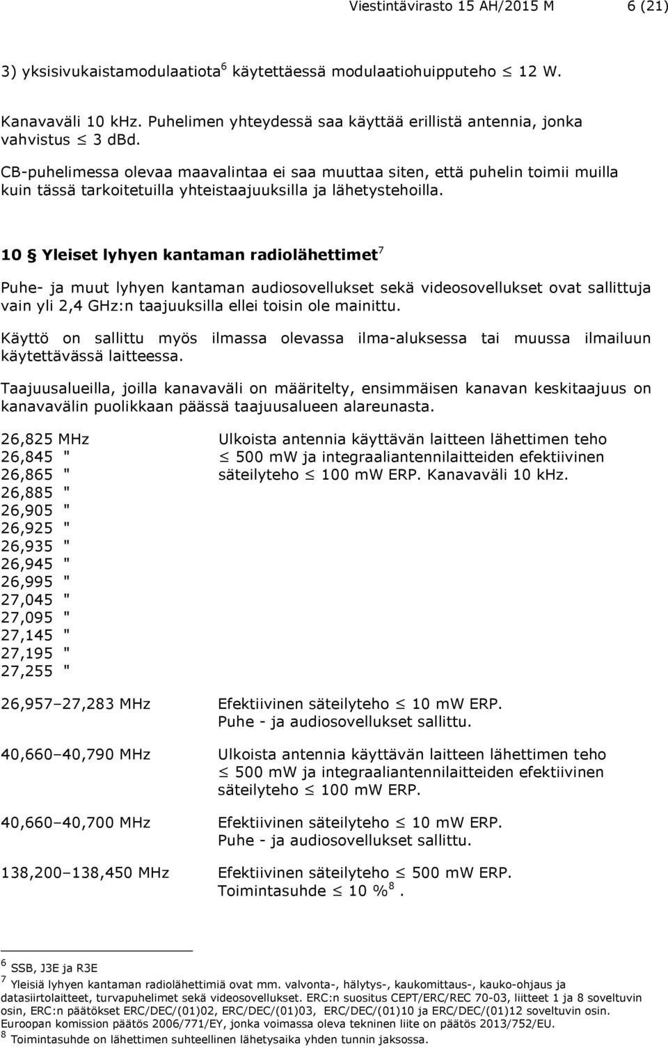 CB-puhelimessa olevaa maavalintaa ei saa muuttaa siten, että puhelin toimii muilla kuin tässä tarkoitetuilla yhteistaajuuksilla ja lähetystehoilla.