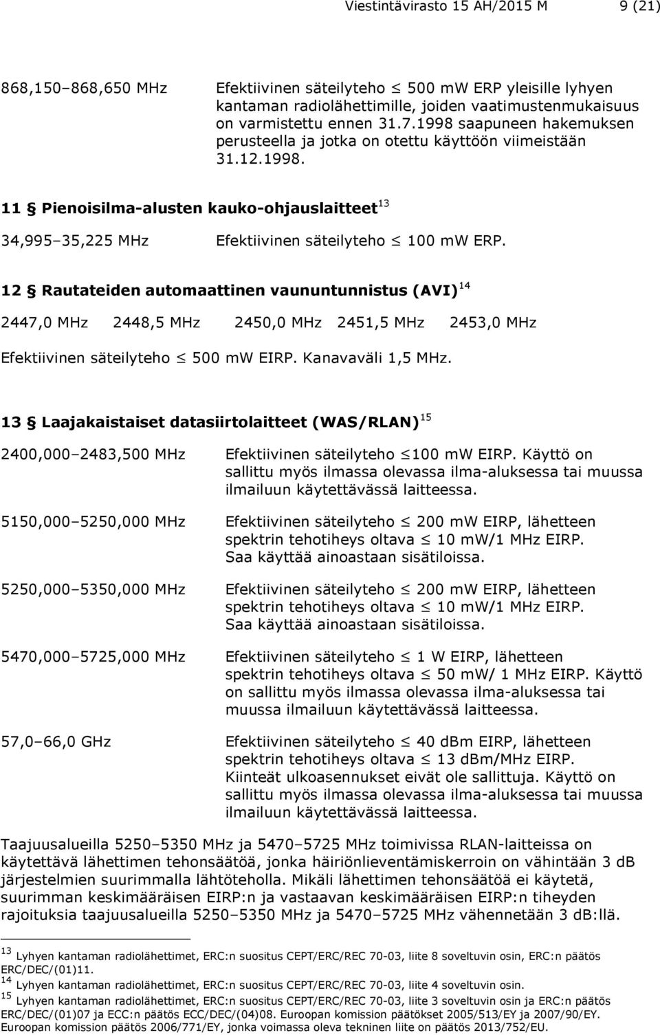 12 Rautateiden automaattinen vaununtunnistus (AVI) 14 2447,0 MHz 2448,5 MHz 2450,0 MHz 2451,5 MHz 2453,0 MHz Efektiivinen säteilyteho 500 mw EIRP. Kanavaväli 1,5 MHz.