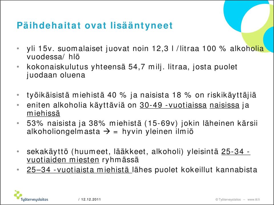 litraa, josta puolet juodaan oluena työikäisistä miehistä 40 % ja naisista 18 % on riskikäyttäjiä eniten alkoholia käyttäviä on 30-49