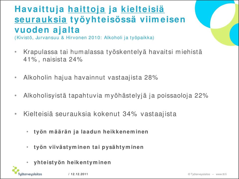 hajua havainnut vastaajista 28% Alkoholisyistä tapahtuvia myöhästelyjä ja poissaoloja 22% Kielteisiä seurauksia